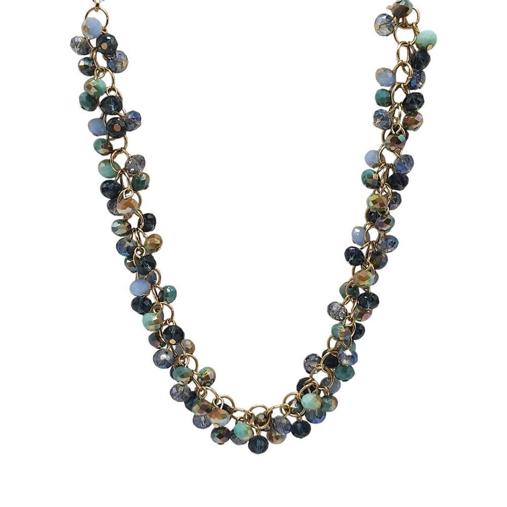 Long Crystal Beaded Gold Tone Chain Necklace With Blue Glass Beads Lobster Clasp